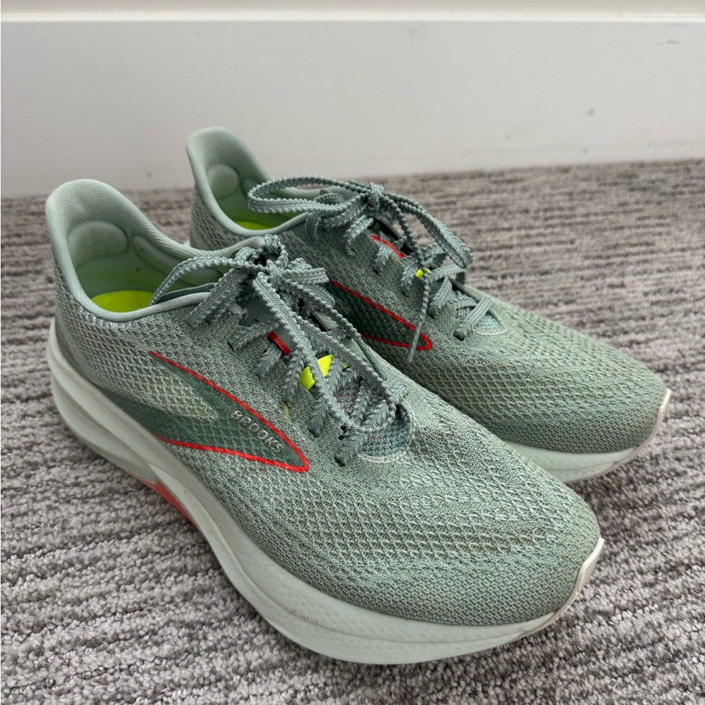 Brooks Light Olive Green Running Shoes with Red Detail Size 9